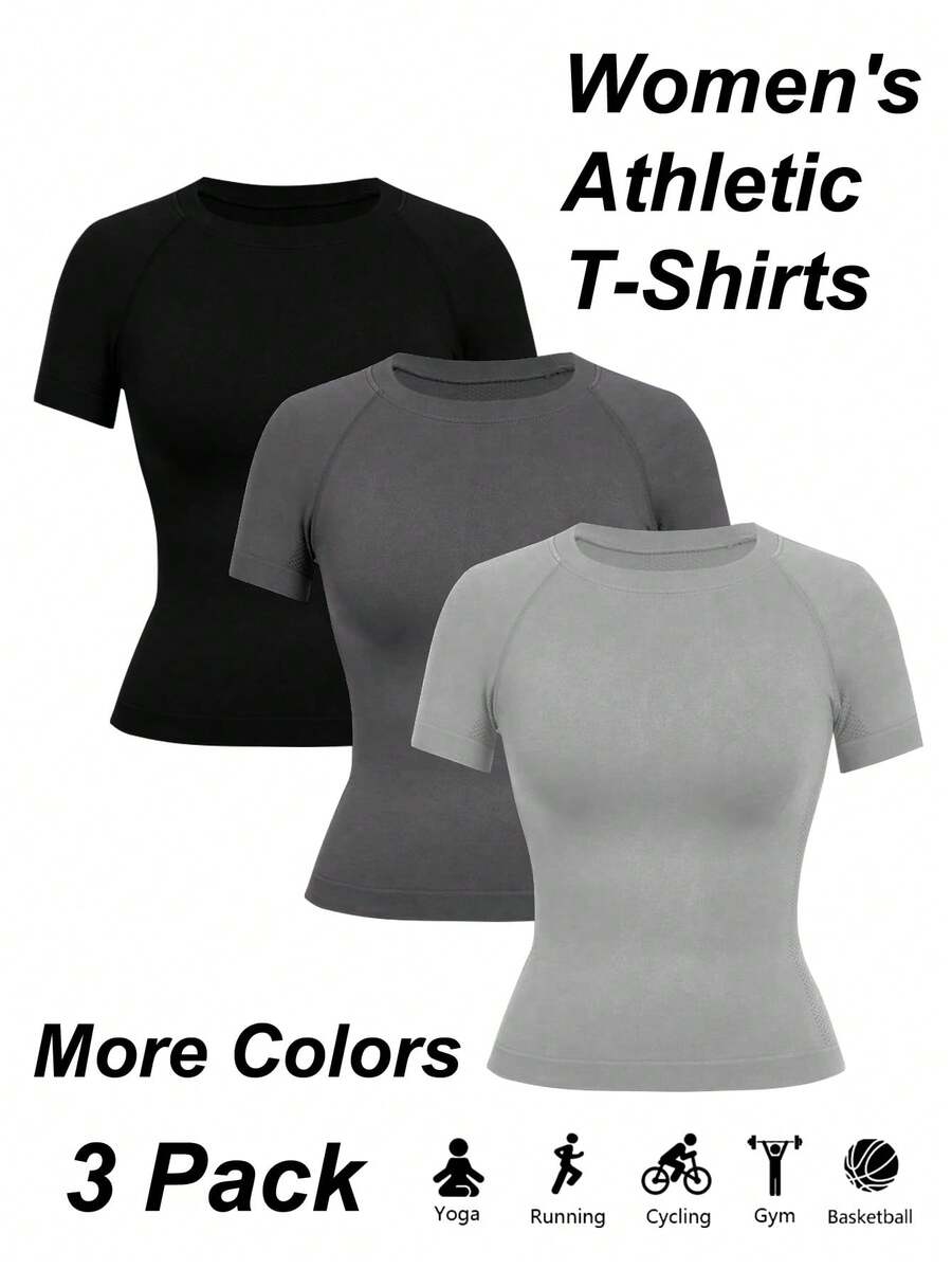 SHEIN Velisys 3件装运动工作室夏季休闲纯色无缝短袖运动T恤 - 彩色 - 查看 1