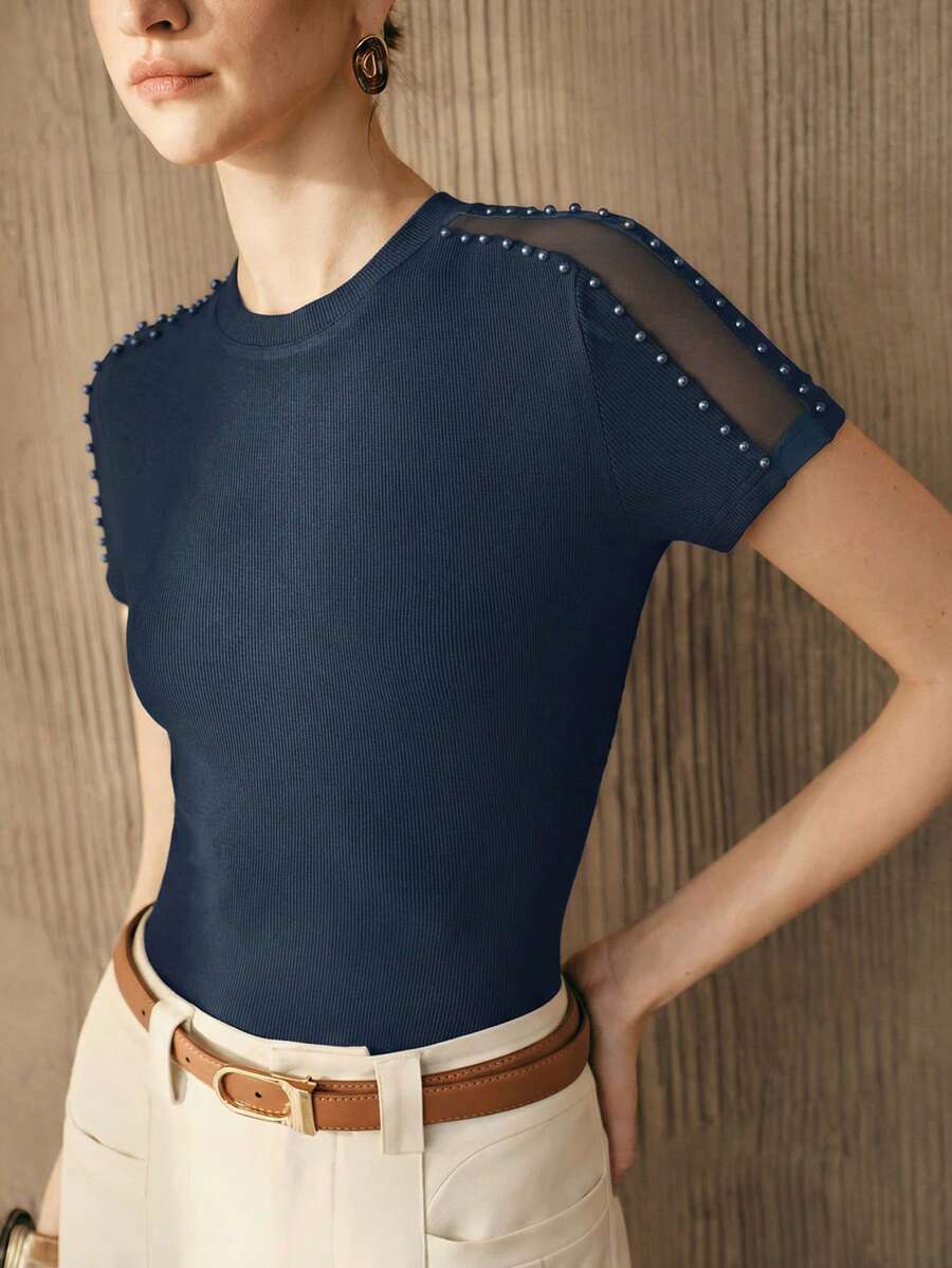 Arave Camiseta de manga corta casual, de fiesta, de cita o de vacaciones para mujer, con cuello redondo, parches, malla calada y ajustada - Azul - Ver 1