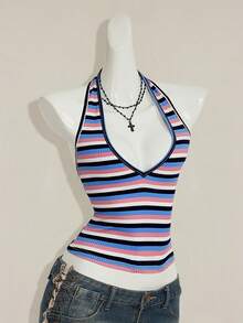 SHEIN ICON Sexy Deep V-Neck Rainbow Striped Tight Camisole,Summer Top - Multicolor - View 10