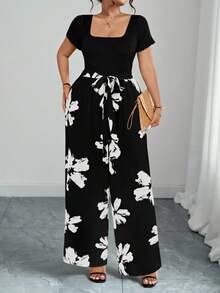 Elenzga Mono de manga corta con cuello cuadrado y estampado de bloques de color para mujer talla grande, de estilo minimalista y casual - Blanco y Negro - Ver 4