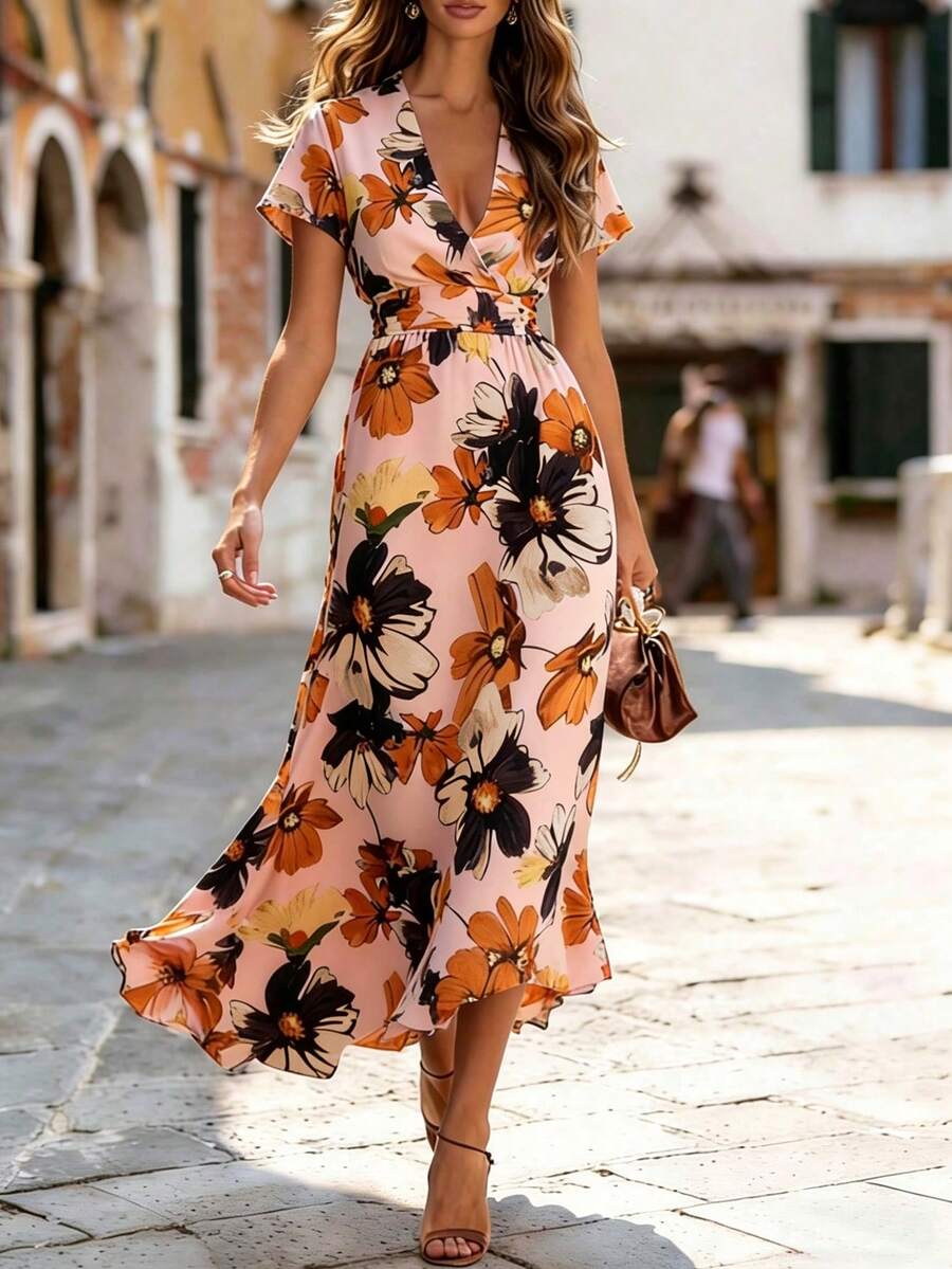 Balvessa 优雅碎花束腰连衣裙，春夏款 - 淺粉色 - 查看 1