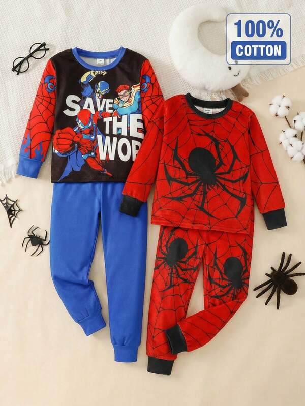 SHEIN Set de 2 piezas que incluye camiseta de manga larga de cuello redondo ajustada con estampado de araña y superhéroe para niño pequeño, y pantalones de pijama suaves y cómodos, ropa de estar en casa casual de primavera