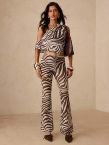 Glamine 女士中腰斑马纹阔腿裤 - 透明网纱内衬，蘑菇边设计，波西米亚风休闲性感阔腿裤 - 棕色 - 查看 1