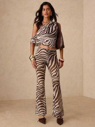 Glamine Quần ống rộng cạp trung họa tiết da báo dành cho nữ - Lớp lót lưới trong suốt, thiết kế viền hình nấm, kiểu dáng bohemian năng động, gợi cảm.