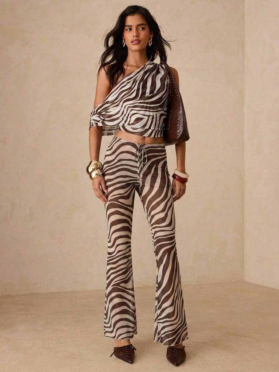 Glamine 女士中腰斑马纹阔腿裤 - 透明网纱内衬，蘑菇边设计，波西米亚风休闲性感阔腿裤 - 棕色 - 查看 1