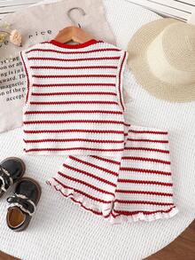 SHEIN Set de 2 piezas de blusa de manga con volantes de rayas negras y blancas y pantalones cortos para niña de 0 a 3 años, para uso casual diario y vacaciones, de punto texturizado - Rojo - Ver 2