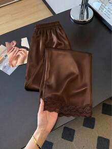 GlowEve Quần dài nữ dệt trơn, quần dài nữ satin, quần nữ mùa xuân/hè mới, quần nữ phối ren, quần dài nữ cạp cao co giãn dáng suông, quần dài nữ thanh lịch đa năng phù hợp cho công sở và mặc hàng ngày. - Cà phê nâu - Xem 2