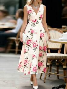 Balvessa Đầm không tay thắt eo in hoa dành cho nữ - Hồng - Xem 7