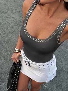 Avenya 大码女式铆钉装饰休闲百搭日常上衣 - 深灰色 - 查看 5