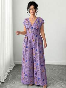 Elenzga 大码女式V领收腰休闲度假风杏色印花连体裤 - 紫色 - 查看 5