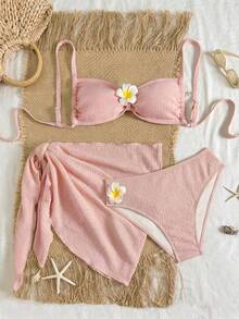 Swim Vcay Plus Size Women's Solid Color Floral Accessory Beach Resort 3-Piece Bikini Swimwear Set - Brown - View 1