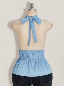 SHEIN ICON 大尺碼女款度假掛脖綁帶前領結荷葉邊露背上衣，沙灘度假上衣，夏季約會穿搭 - 藍色 - 查看 2