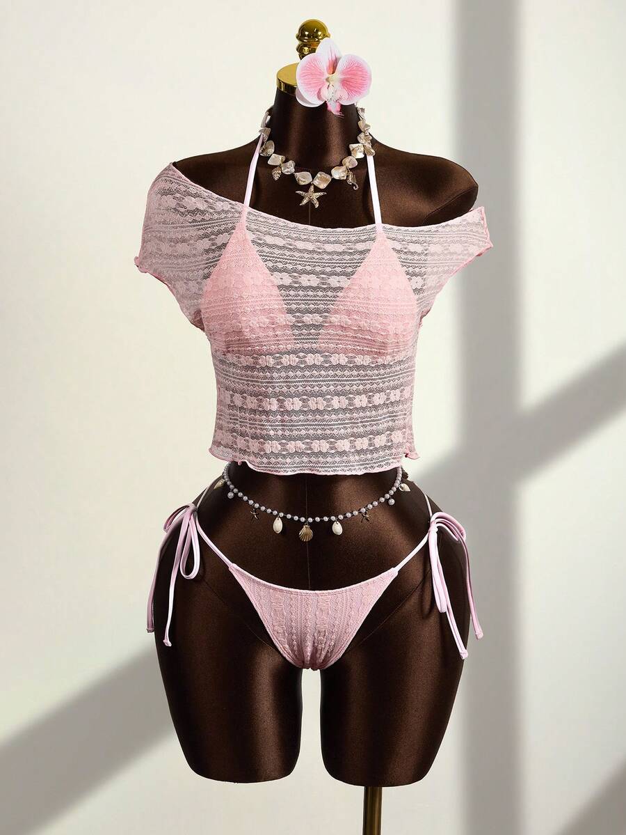 Zestiva Bộ đồ bơi mùa hè 3 món dành cho nữ: Áo bikini tam giác bằng ren jacquard lưới buộc dây cổ, quần bikini buộc dây bên hông và áo thun lưới bất đối xứng, bộ đồ bơi đi biển. - Hồng - Xem 1