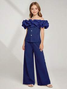 SHEIN Setelan Celana Panjang Model Korea Warna Biru Tua 2 Potong untuk Remaja Perempuan, Manis & Lembut, Potongan Lebar di Bagian Bawah, Satu Bahu, Cocok untuk Musim Panas, Pernikahan, Pakaian Sehari-hari, dan Pesta - Navy Blue - View 4