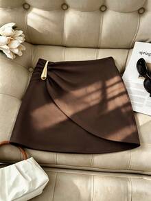 Women's New Arrival Summer Elegant And Fashionable Apparel, Versatile With Asymmetric Metal Decor And Buckle - Coffee Brown - View 1