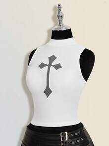 SHEIN ICON 女士修身休闲交叉透视高领背心 - 白色 - 查看 1