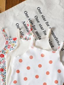 SHEIN Set de 3 piezas de mono de punto con estampado floral y de lunares para bebés niñas, cómodo y versátil, ideal para uso diario, vacaciones y playa, primavera/verano - Multicolor - Ver 9