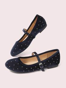 CUCCOO DOLLMOD Giày Mary Jane nữ đính đá và đinh tán nhung, kiểu dáng mới mùa xuân hè, thời trang công sở thoải mái, khóa cài thấp, đế bằng kiểu giày búp bê. - Màu xanh hải quân - Xem 4