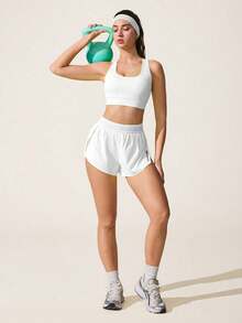 SHEIN Core Rhythm Casual Versatile White Waistband Splice Mesh Slim Fit Pockets Sports Shorts - White - View 5