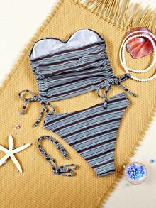Swim SXY Bộ bikini đi biển thường ngày 2 mảnh màu xanh dương và nâu kẻ sọc, chất liệu vải jacquard, dây đeo vai mảnh có thể tháo rời, phần eo xếp ly phía trước và có dây rút, dành cho nữ. - Nhiều màu - Xem 2
