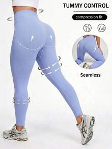 SHEIN Sports Conjunto de yoga de cintura alta sin costuras con cara sonriente, pantalones de yoga que levantan el trasero color melocotón, mallas deportivas para mujer para correr y hacer ejercicio - Azul - Ver 1