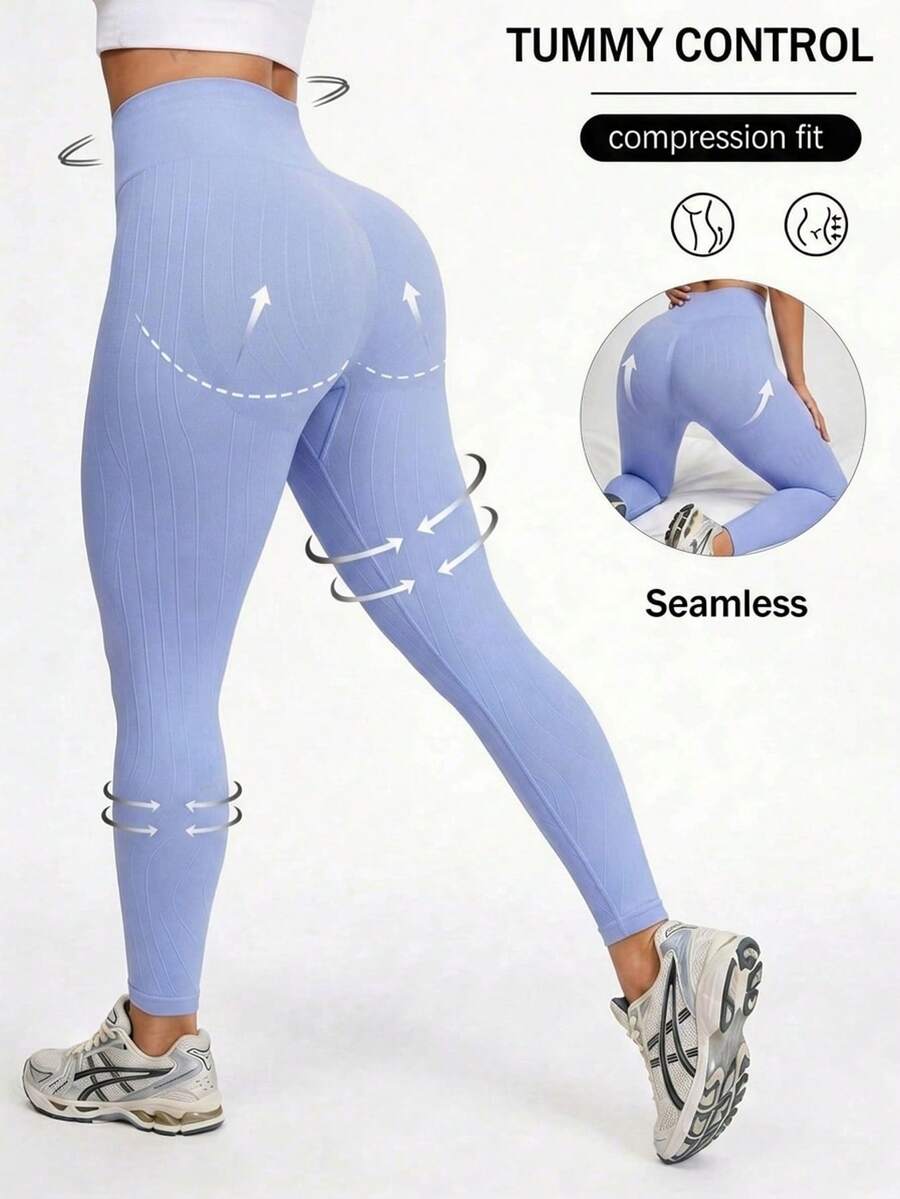SHEIN Sports Conjunto de yoga de cintura alta sin costuras con cara sonriente, pantalones de yoga que levantan el trasero color melocotón, mallas deportivas para mujer para correr y hacer ejercicio - Azul - Ver 1