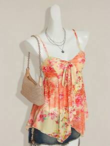 SHEIN ICON 女士绿色花卉印花吊带网眼背心，休闲度假装 - 橘色 - 查看 5