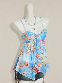SHEIN ICON 女士绿色花卉印花吊带网眼背心，休闲度假装 - 藍色 - 查看 6