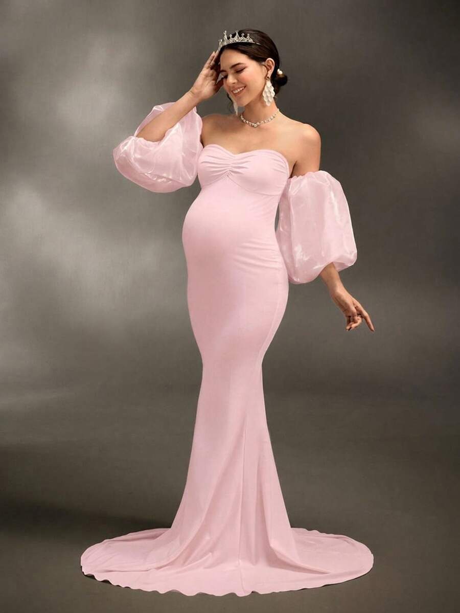 Cheriluna Maternity 孕妇写真礼服/优雅派对礼服/迎婴派对礼服 - 修身针织连衣裙，配有3D袖子、心形领口和褶皱设计 - 粉色 - 查看 1