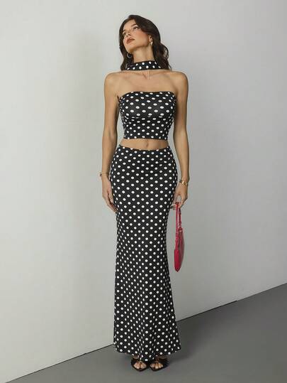 SHEIN Tall 女士度假针织经典波点图案修身短款背心和低腰鱼尾裙两件套