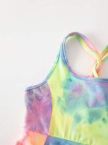 SHEIN Young Girl Tie-Dye Print Criss-Cross Back Sports Dress - Multicolor - View 8