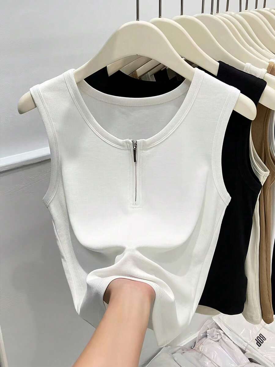 GlowEve 复古时尚法式休闲通勤百搭女式半拉链背心 - 白色 - 查看 1