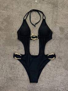 Swim Vcay Wireless Halter One-Piece Swimsuit For Women, With Metal Decor Design On Waist And Chest, Elegant Sexy For Vacation Golf White Summer - Multicolor - View 6