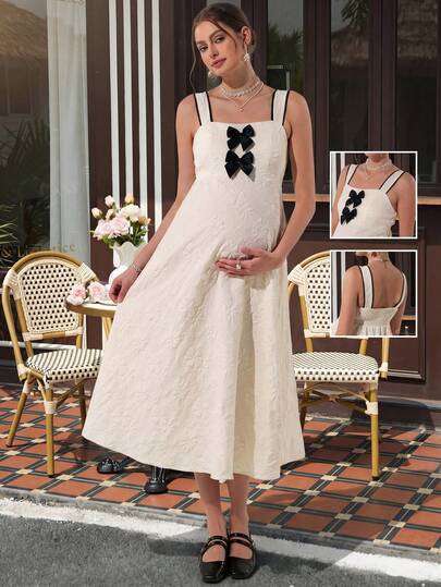 Momance Đầm midi bầu với viền tương phản và nơ trang trí, thích hợp cho kỳ nghỉ hè.