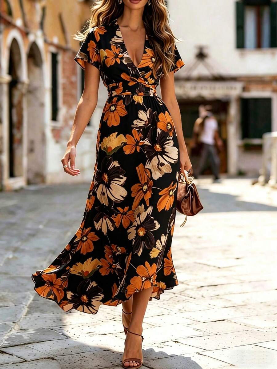EMERY ROSE Elegant Ditsy Floral Waist Cinching Dress, Spring/Summer - Black - View 1