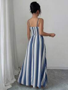 EMERY ROSE Non-Positioned Printed Spaghetti Strap Square Neck Waist Gathered A-Line Elegant Romantic Delicate Dress, Sexy Striped - Multicolor - View 2