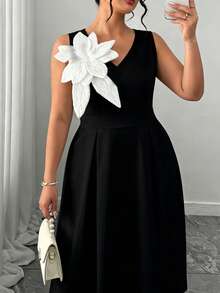 GlowEve CURVE Plus Size Women Elegant Waist Cinched Sleeveless Dress, 3D Floral Decor, Suitable For Work & Vacation - Black - View 5