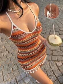 Sunnyshic Vestido mini ajustado con diseño de espalda descubierta, cuello halter de escote en V profundo, flecos en el bajo y rayas onduladas naranjas, estilo bohemio sexy para playa y vacaciones - Naranja - Ver 1