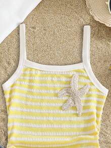 Tween Girls' Striped Camisole, All-Match Casual Versatile Style, Suitable For Daily Outings, Travel, School And Other Occasions - Yellow - View 3
