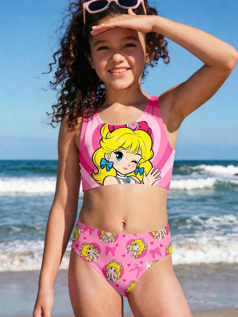 Bộ đồ bơi kiểu dáng thường ngày dễ thương dành cho bé gái tuổi teen, gồm áo hai dây và quần bikini họa tiết trái tim và nơ, thích hợp cho mùa hè. - Nhiều màu - Xem 1
