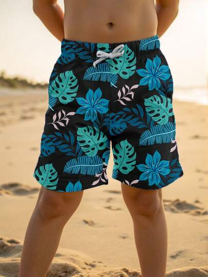 SHEIN Quần dài đi biển in họa tiết dáng rộng thoải mái cho bé trai tuổi teen, thích hợp cho mùa hè, đi biển, hoạt động ngoài trời và bơi lội.