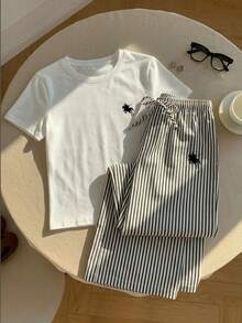 SHEIN EZwear 两件套休闲百搭日常穿搭小马图案印花圆领短袖上衣和条纹印花长裤套装 - 黑與白 - 查看 5