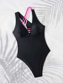 Swim SPRTY Women's Solid Black Sexy Backless High Cut One-Piece Swimsuit For Beach Vacation - Black - View 2