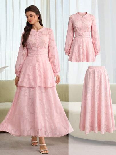 Graceveil Elegant Jacquard Waist Cinching Long Sleeve Cardigan And Flared Skirt Set, Graceful And Gentle Pink, For Women