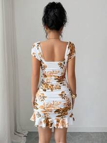 SHEIN LUNE Đầm ngắn nữ mùa hè kiểu vintage thanh lịch in hoa, xếp ly ở gấu, thích hợp cho hẹn hò và du lịch. - Màu vàng - Xem 5