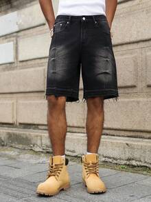 Manfinity EMRG Men's Casual Pocketed Button Wide Leg Denim Shorts, Versatile For Daily Wear - Black - View 3