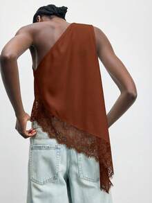SHEIN Maija Áo kiểu nữ không tay vai lệch, màu trơn, xếp ly, thích hợp cho mùa xuân, hè, đầu thu, dịp Quốc khánh, mùa tốt nghiệp. - màu nâu - Xem 2
