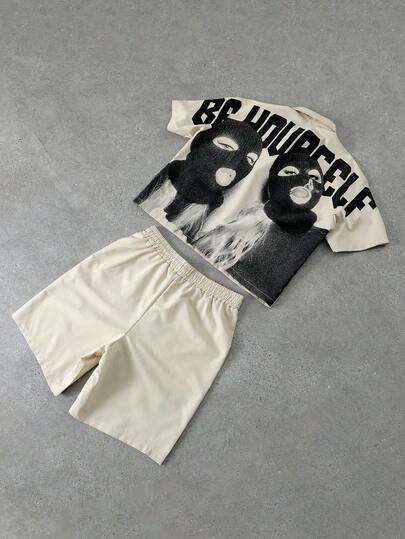 PAVTROS 2 piezas Conjunto de camisa de manga corta con gráfico de eslogan y pantalones cortos para hombres, conjunto tejido, camiseta corta y pantalones cortos con cintura elástica, ropa urbana, skateboard, estilo retro de los 90, estilo de cartel, adecuado para paseos por la ciudad, salas de música en vivo, festivales de música, reuniones callejeras, regalo de vacaciones