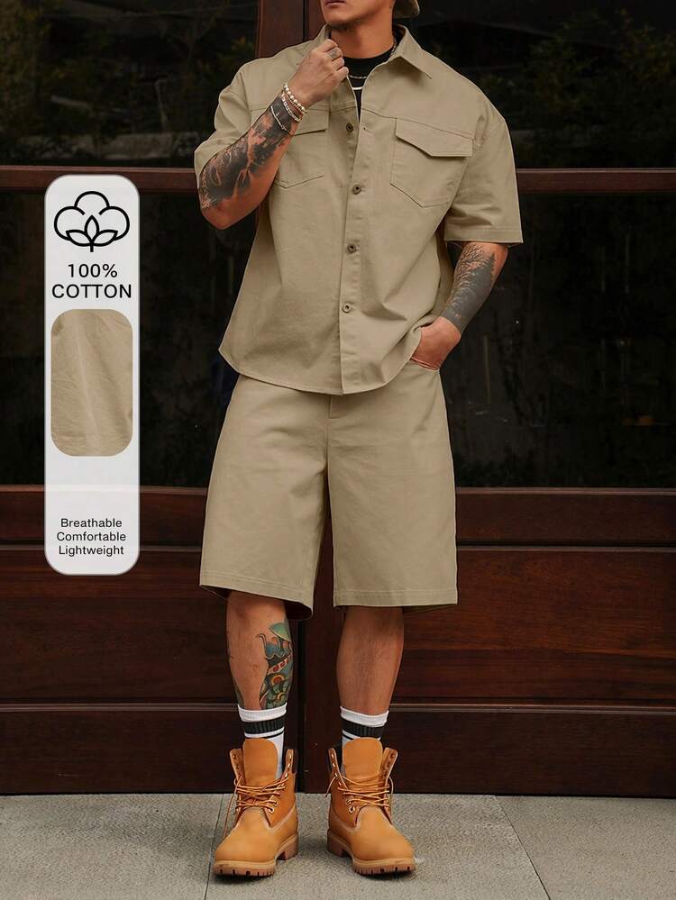 Men's Solid Color Shirt Set, Spring/Summer Workwear Short Sleeve Shirt & Shorts 2-Piece Set
