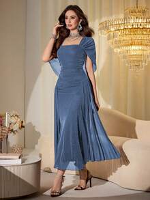 Modelyn Đầm dài ôm dáng, không dây vai, tay bồng, chất liệu lưới bóng, thanh lịch dành cho nữ, thích hợp cho mùa xuân và mùa thu. - Màu xanh lam - Xem 4